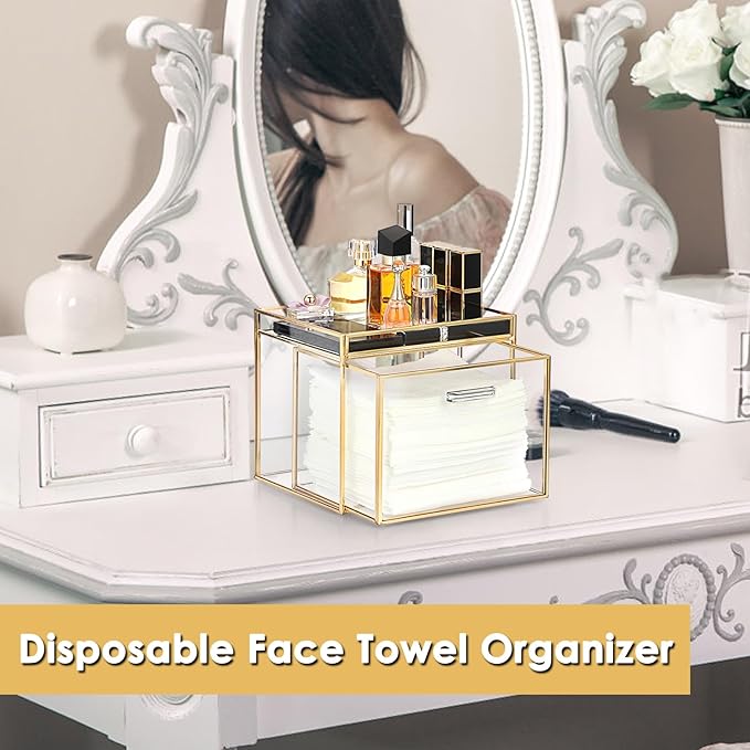 Sumnacon Disposable Face Towel Holder Glass Face Towel Storage Box with Drawer Compatible with Clean Skin Cluub Clean XL Makeup Box Organizer for Bathroom,Vanity Countertop