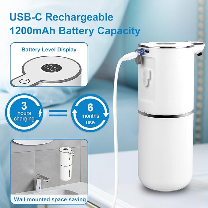 Automatic Liquid Soap Dispenser Touchless, USB Rechargeable Smart Hand Soap Dispenser, 6-Level Adjustable, 12.8oz/380mL Wall Mounted for Bathroom Kitchen Accessories Dish Soap-White