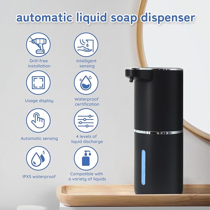 Foaming Soap Dispenser, Automatic Soap Dispenser, 13.5oz/400ml Automatic Soap Dispenser Touchless, USB Rechargeable 4 Level Adjustable Electric Hand Soap Dispenser, for Bathroom, Kitchen,Hotel(Black)