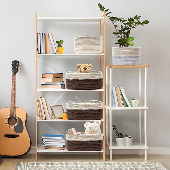 COMFY-HOMI 11.5"x7.5"x4.7" Storage Baskets for Organizing | Cotton Rope Woven Basket | Toy Storage Bin Box | Basket for Shelves, Closet Organizer Bin, Decorative Closet Shelf, 1 Pack,dark brown/white