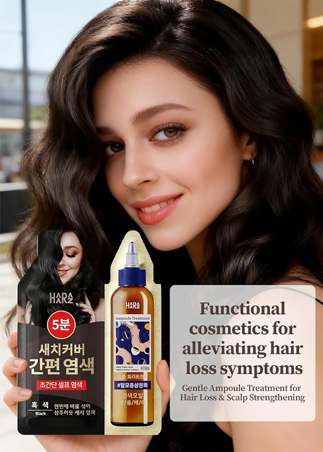 Hair Dye + Ampoule Anti Hair Loss Treatment, Permanent Hair Color, 100% Gray Coverage, 2-Step Shampoo + 5-Minute Hair Color for Women & Men & Scalp Care Formula (BLACK)