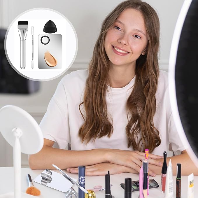 4 Pcs Makeup Foundation Mixing Palette Set Including Make Up Spatula, Makeup Brush, Palette Tray, Powder Puff, Foundation Makeup Mixing Palette, Makeup Palette Tray (Stainless Steel)