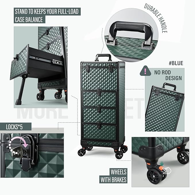 Nail Trolley Cart with 3 Drawers, Salon Station Cosmetology Case on Wheels Rolling Makeup Train Case Nail Case Organizer Beauty Salon Travel Case for Nailart,SPA,Hairstylist,Artist,Dark Green