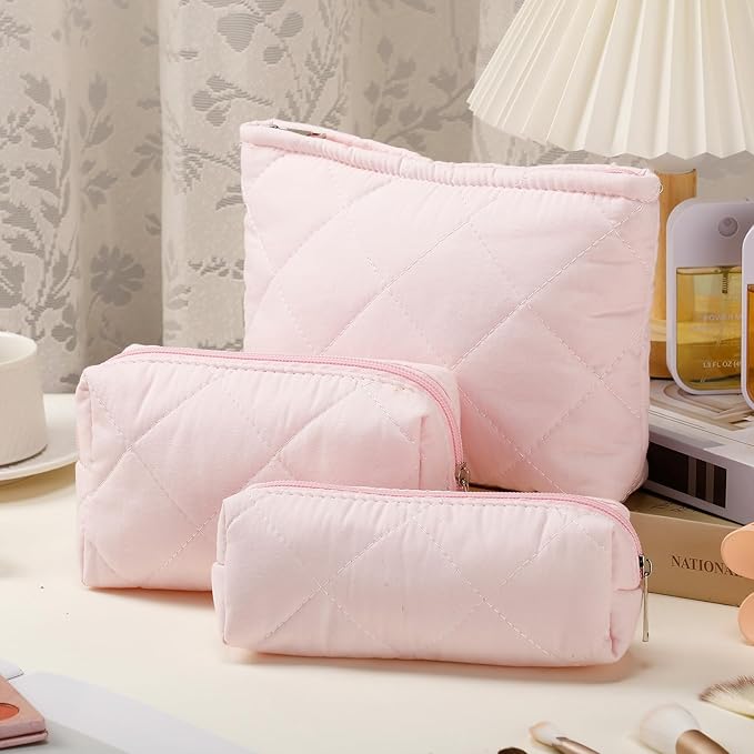 Paterr 3 Pcs Quilted Makeup Bag Set Small Bridesmaid Cosmetic Bag Aesthetic Travel Toiletry Pouch Cute Purse Pencil Case Makeup Storage Organizer for Women Birthday Gifts(Cotton,Pink)