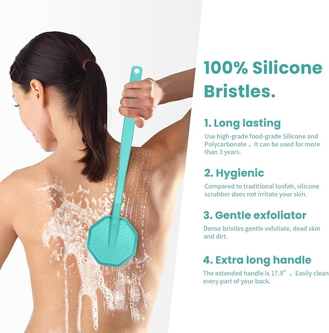 iTokGoK® Silver-Infused Silicone Back Scrubber with Long Handle Back Brush for Shower,Back Brush Long Handle for Men and Women,Ergonomic No-Slip Handle, Long-Lasting (Mint Green)