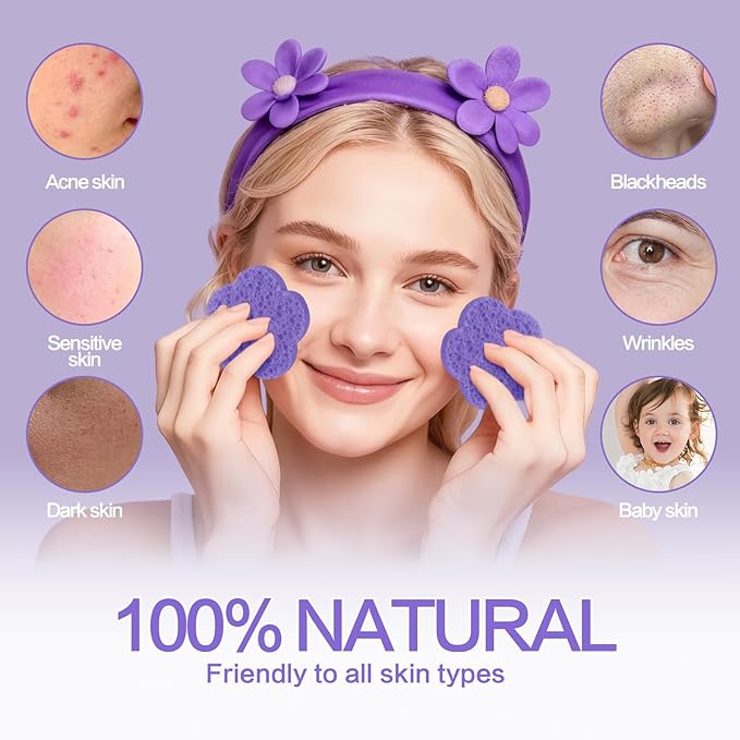 100-Count Facial Sponges Compressed Facial Sponges Natural Facial Cleansing Sponges Pads Cute Flower Shape Exfoliating Sponges for Cleansing Reusable,Best Makeup Gift, Purple