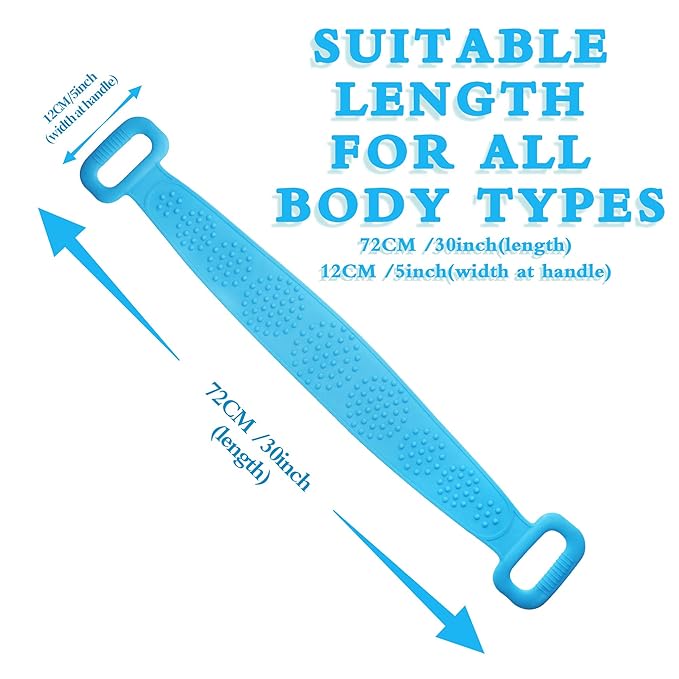 Silicone Back Scrubber Belt (28 inch) Blue – Extra Long-Double-Sided Bath Scrub Strap Gently Massages and Exfoliates Skin - Shower Back Scrubber - Back Washer for Shower Men & Women - Back Exfoliator