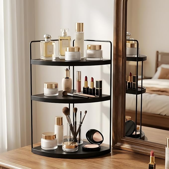Corner Bathroom Counter Organizer Countertop Black, 2 Pack 3 Tier Corner Shelf Wood Vanity Tray Easy Assembly Space Saving Shelf for Kitchen, Bathroom, Dresser, Makeup, Office