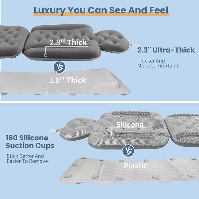Bath Cushion, Full Body Bathtub Pillow with 160 Suction Cups, Bath Mat for Head and Neck Support, with Laundry Bag (Dark Gray, 56" x 16")