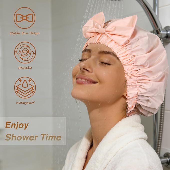 Reusable Shower Cap for Women with Stylish Bow, Non-Slip Waterproof Anti Humidity Bathing Cap, Roomy Anti Frizz for Short Medium Straight Wavy Hair, Soft Elastic & Machine Washable, Pink