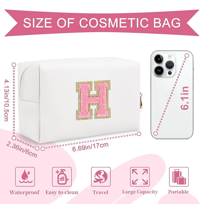 Personalized Makeup Bag Initial A-Z Preppy Patch Bag,Small PU Leather Travel Cosmetic Bag Pouch with Zipper,White Cute Toiletry Bag,Gift Ideal for Teen Girls Women Birthday Friend Mom,Letter H