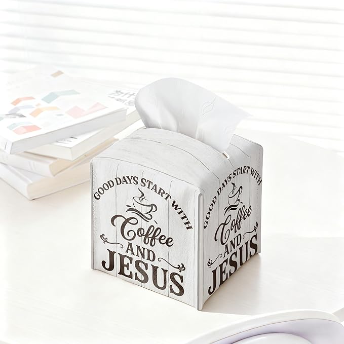 Coffee Bar Tissue Box Cover Square, Good Days Start with Coffee and Jesus Waterproof Leather Tissue Box Holder, Farmhouse Paper Facial Tissue Box Covers Cube for Office Home Cafe Station