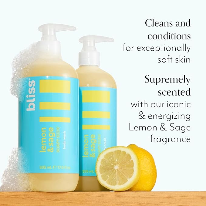 Bliss Soapy Suds Body Wash - Lemon and Sage - 17 Fl Oz - Gentle and Hydrating for Supremely Soft Skin - Paraben Free - Vegan & Cruelty Free (Pack of 2)