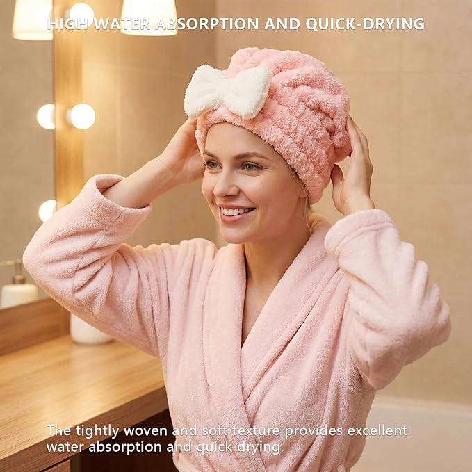 Microfiber Hair Towel 4-Pack, Fast Drying Hair Turban with Bow for Women - Soft Absorbent Hair Wraps, Shower Cap, Gray Pink Blue White