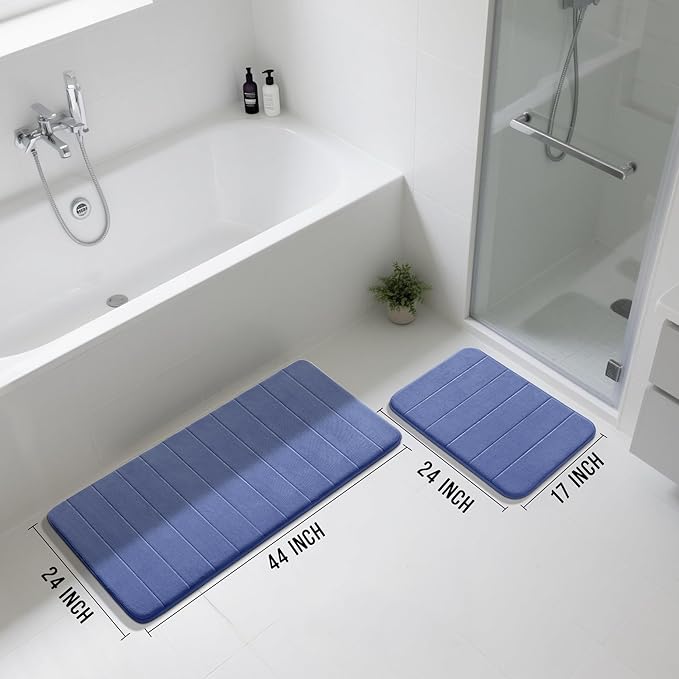 Yimobra Large Bath Mat Set 2 Piece- Super Soft Absorbent Quick Dry Memory Foam Bathroom Rugs, Machine Washable Non Slip Floor Carpet for Tub Shower & Double Vanity (17x24 & 44x24, Navy Blue)
