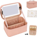 Makeup Bag With LED Mirror, Lightweight Travel Makeup Bag With 3 Color Setting Light Up Mirror Cosmetic Organizer Vanity Case for Women Beauty Tools Accessories Rechargeable Makeup Train Case-Pink