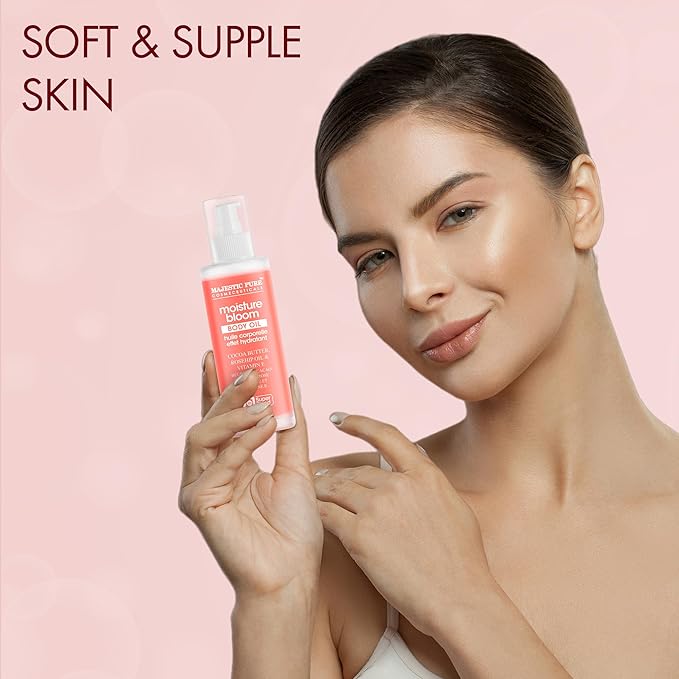 Majestic Pure Moisture Bloom Body Oil -100% Pure & Natural with Cocoa Butter, Rosehip, Vitamin E - After Shower Body Oils for Women and Men - Scented, Radiant, Firming Massage Oil - 3.4 Fl Oz
