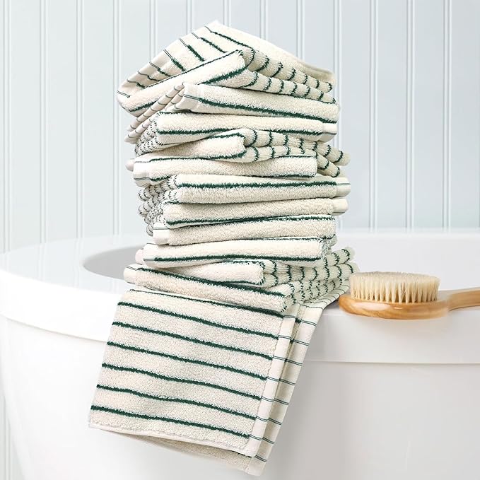 Jacquotha Striped Cotton Washcloths 12 Pack, 13” x 13” - Soft Wash Cloths for Bathroom, Kitchen, Gym, Face, Green and Cream