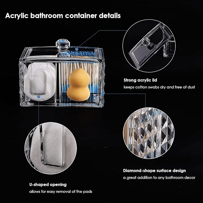 Cotton Swab Holder - Compact Bathroom Canister with Lid and 3 Compartments for Organizing Cotton Ball, Swab, Pad - Acrylic Bathroom Jar Compatible with Q Tips Cotton Swab