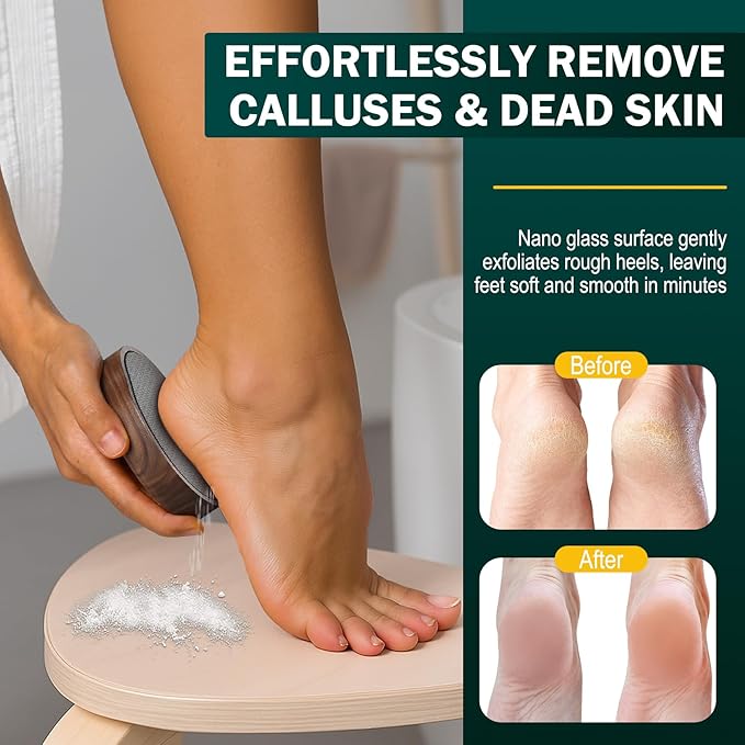 FVION Nano Glass Foot File with Bamboo Handle - Foot Scrubber Dead Skin Pumice Stone for Feet - The Ultimate Gentle Pedicure File Feet Callus Remover (Brown)