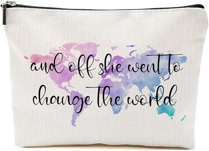 Graduation Gift Inspirational Travel Makeup Bag, And Off She Went To Change The World Cosmetic Bags Zipper Pouch Travel Toiletry Bag, World Map Gifts for Women Girls Daughter Sisters Coworker Friends