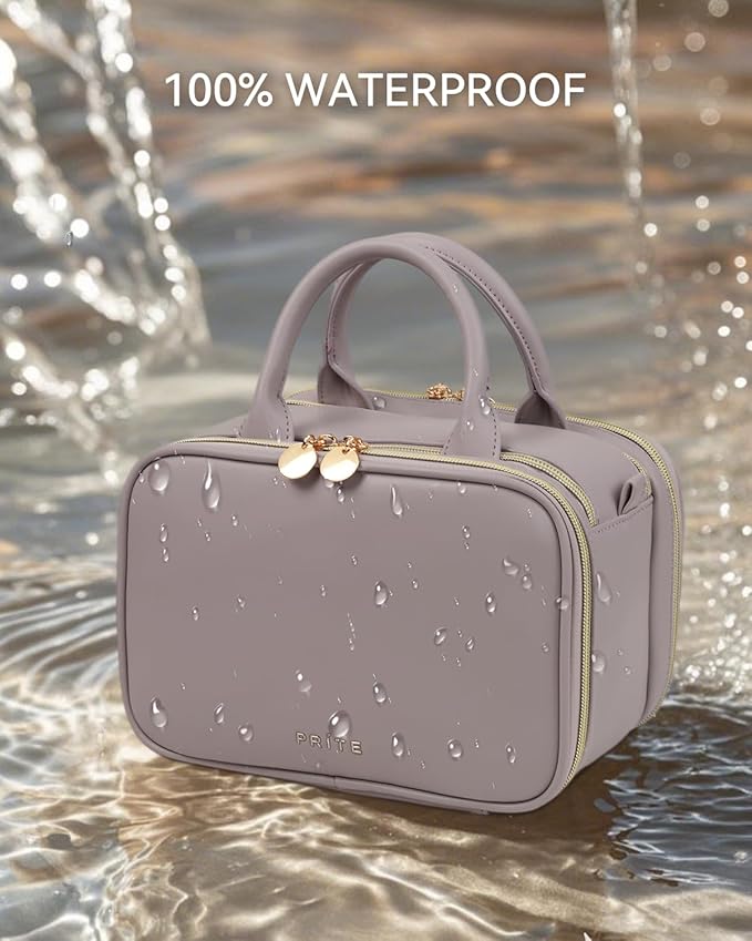 Prite Makeup Bag for Women, Large Capacity Waterproof Travel Cosmetic Organizer, Portable Open Flat Toiletry Bag with Free-standing Brush Holder and Handle(Purple Meidum)