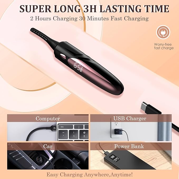Electric Heated Eyelash Curler - USB Rechargeable with Fast 10s Heat-Up, 24-Hour Long-Lasting Hold, 4 Adjustable Heating Modes & LED Display - Essential Makeup Tool for Perfect Lashes (Black)