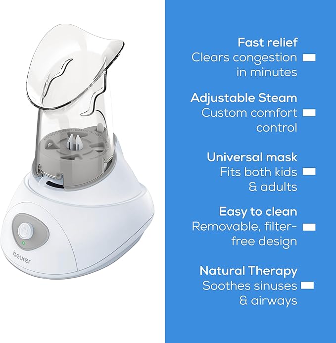 Beurer SI30 Steam Inhaler for Sinus Congestion & Allergies, Drug-Free, Quick 3-5 Minute Setup, Ultra-Quiet, Face Steamer with Variable Steam Control, Universal Mask, FSA/HSA Eligible