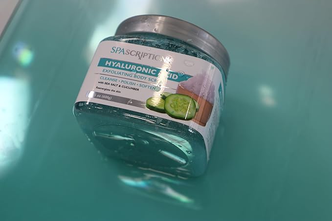 SpaScriptions Hyaluronic Acid Sugar Scrub - Hydrating Body Scrub Exfoliator with Seal Salt & Cucumber, Ideal for Dry & Rough Textured Skin, Helps Support Refershed, Hydrated & Smooth Skin, 21 oz