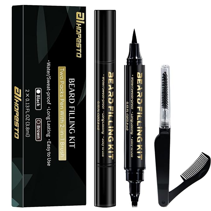 Beard Pen Beard Pencil Filler for Men Beard Filler 4 Tip Pen for Natural Looking Beard 2PCS Beard Pencil & 1PCS Double Head Beard Brush Double Head Four Fork Eyebrow Pencil Eyeliner (Dark Brown)