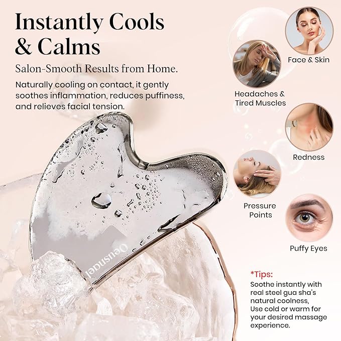 Stainless Steel Gua Sha Facial Tools, Lymphatic Drainage Massager for Face, Face Sculpting & Jawline Shaper, Puffiness Reducing, Neck Body Guasha Tool, Skin Care Gift for Women Men with Pouch