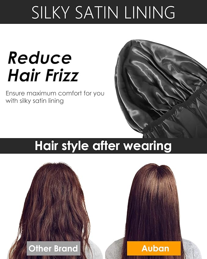 Auban Extra Large Shower Cap, Double-Layer Waterproof Reusable, XL Satin Lining Shower Bonnet for Women Thick, Long Hair, Locs, Braids(Black)
