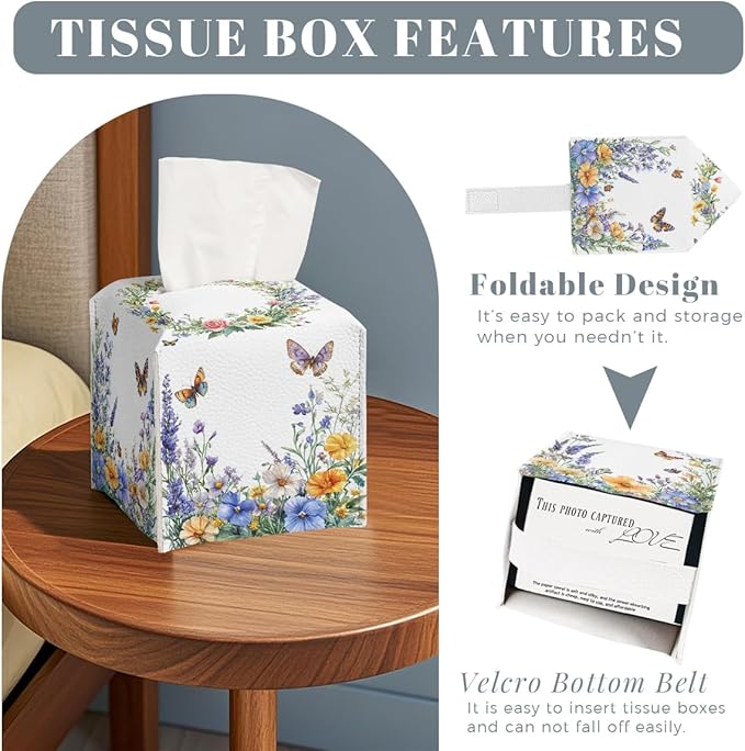 Wildflower Tissue Box Cover Colorful Spring Butterfly Garden Leather Tissue Box Holder Square Facial Paper Organizer Dispenser for Bathroom Kitchen Bedroom Vanity Countertop Night Stands