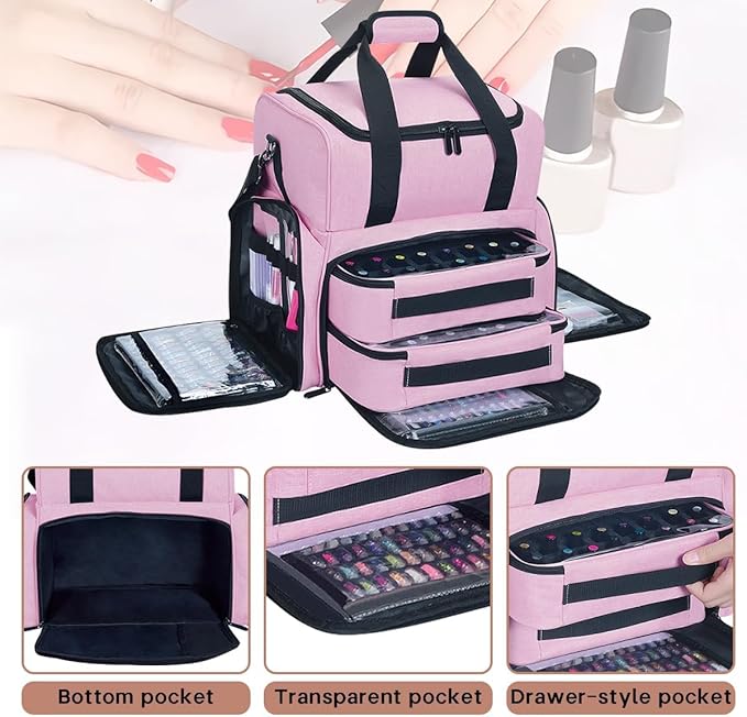 Nail Polish Organizer Case Holds 80 Bottles (15ml - 0.5 fl.oz) and a Nail Lamp,Nail Polish Case with 2 Removable Bags and Tools Storage Sections Pink