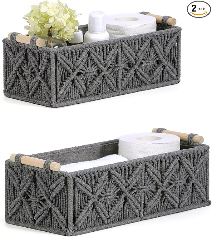 Nonam Macrame Storage Baskets, Boho Decor Style Woven Storage Boxes for Home Organization, Toilet Tank Shelf Cabinet Organizer Baskets,Set of 2,Grey