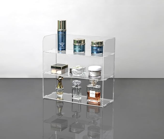 Jusalpha 3 Tier Clear Acrylic Organizer Shelf for Cosmetic Perfume Skincare Makeup Toy Spices Standing Tabletop Vanity Tray Shelf Multifunctional Sturdy Display Showcase (12''x 4''x 12'')…