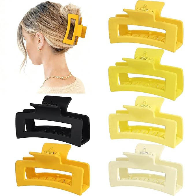 3.5 Inch Medium Hair Claw Clips 6 Pack Hair Clips for Women Square Rectangle Claw for Hair Banana Jaw Clips Hair Accessories for Girls (Yellow)