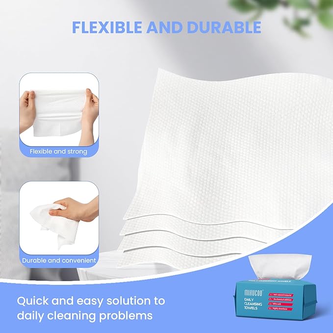 100 Sheet Daily Cleansing Towels Ultra Soft Dry Wipes for Sensitive Skin Disposable Facial Washcloths 100% Organic Viscose (Pack of 3)