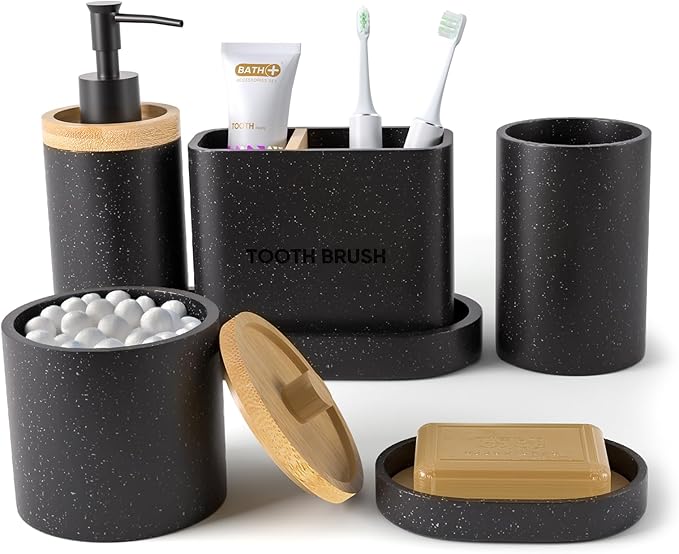 20PC Black Modern Bathroom Accessories Set with Shower Curtain, Toothbrush Holders, Soap Dispenser, Vanity Tray, Cotton Swab Jars, Bathroom Decor Organizer