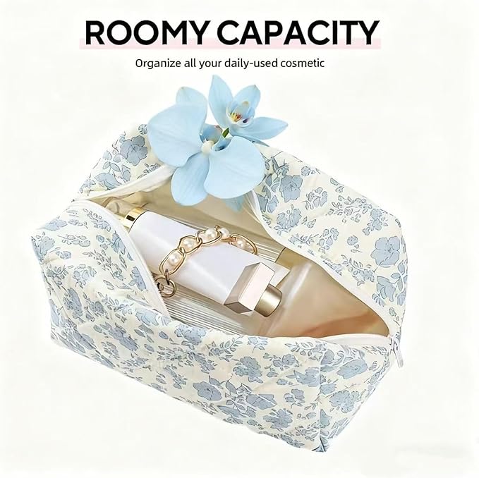 Puffy Coquette Floral Quilted Makeup Bag - Large Fashionable Travel Pouch, Cute Blue