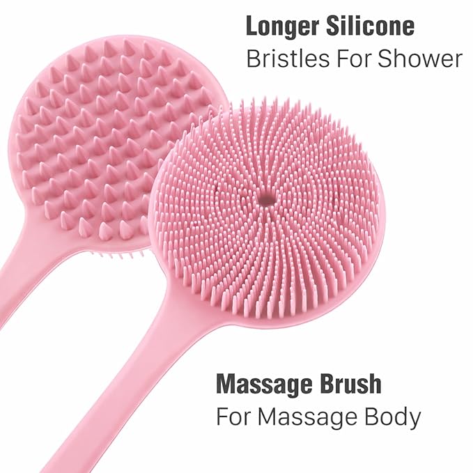 Silicone Body Scrubber for Shower Men Women – Dual-Sided Exfoliating & Massage Shower Brush with Long Handle, Creates Rich Lather, Includes 1 Hook & 2 Lather Balls (Pink).
