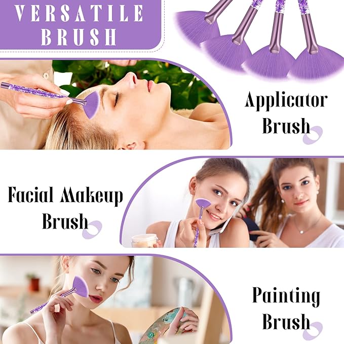 Nuenen 12 Pcs Soft Fan Facial Brushes Mask Acid Applicator Brush for Mud Cream Blush Makeup Peel Glycolic Multi Use Cosmetic Tools with Glitter Quicksand Handle and Pouch(Purple)