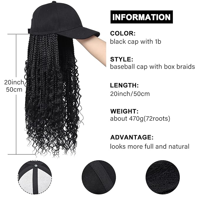 GUOJIAN Goddess Box Braiding Baseball Cap Wig, Black Bohemian Curly Ends Box Braids Hat with Braided Hair Extensions for Black White Women, Synthetic Braids Hat Wig with Hair Attached