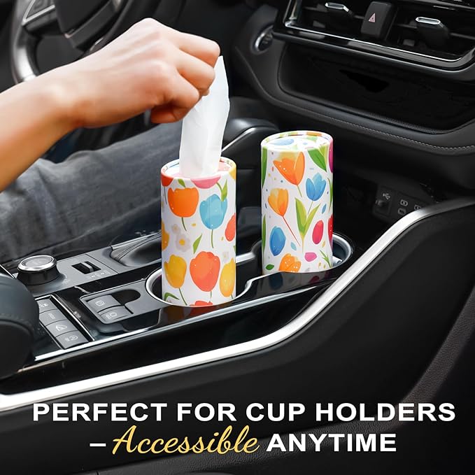 Car Tissue Holder (4 PK) - 50 3-Ply Tissues per Cylinder, Fits Car Cup Holders, Portable Travel Tubes Box Container, Tulip Design, Round Tissue Container for Car Accessories