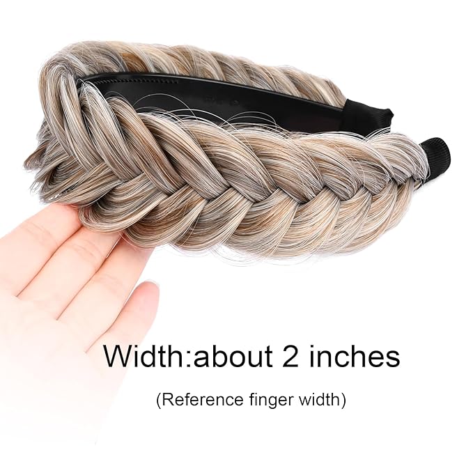 DIGUAN Wide Messy Braided Headband With Teeth Synthetic Hair Plaited Headband High Elasticity Braids Chunky Fishtail Braided Hair Band Hairpiece for Girls Women Beauty Accessory (White Gray Brown)