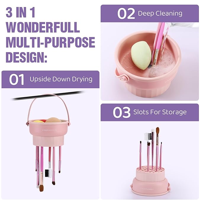 2 Pack Makeup Brush Cleaner Mat 3 in 1 Silicone Makeup Brush Cleaning Bowl Makeup Brush Sponge Scrubber Tool for Cleaning, Storage and Upside Down Drying, （Two Khaki）