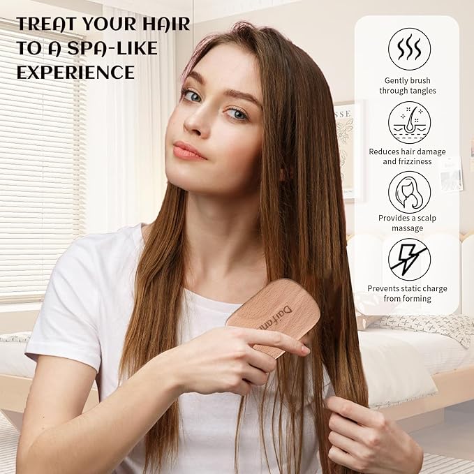 Natural Wooden Hair Brush with Bamboo Pins - No Handle Scalp Massager for Hair Growth & Detangling, Small Mini Portable Hairbrush for All Hair Types, Women Men Travel Gift (Rectangular)