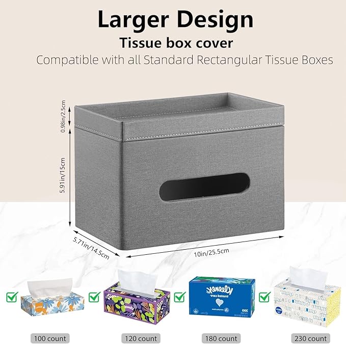 PU Leather Tissue Box Cover Rectangle with Detachable Storage Tray, Fits 230-Count Box Tall Rectangular, Modern Decorative Tissue Box Holder/Organizer for Bathroom, Bedroom Dresser, Night Stand