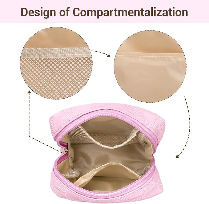 MAGEFY Small Makeup Bag for Purse, Checkered Makeup Bag Small Pouches for purse Leather Mini Make Up Bag Cute Cosmetic Bag for Women with Slip-in Pockets,Pink