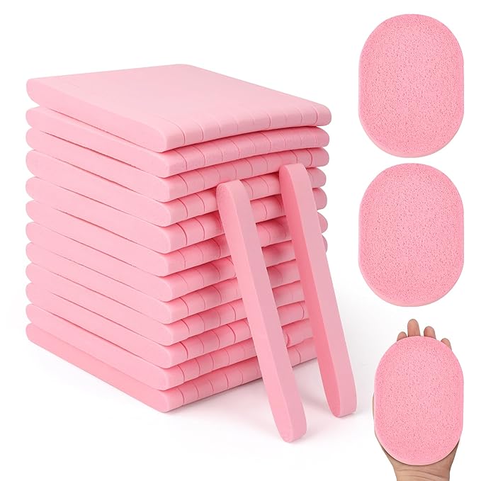 X-Large 120 Pcs Facial Sponge Compressed, Luxiv 4.5x3.4 Large Face Cleansing Sponges for Estheticians Compressed Makeup Remover Sponge Oval Wash Face Sponges for Women Exfoliating (Pink)
